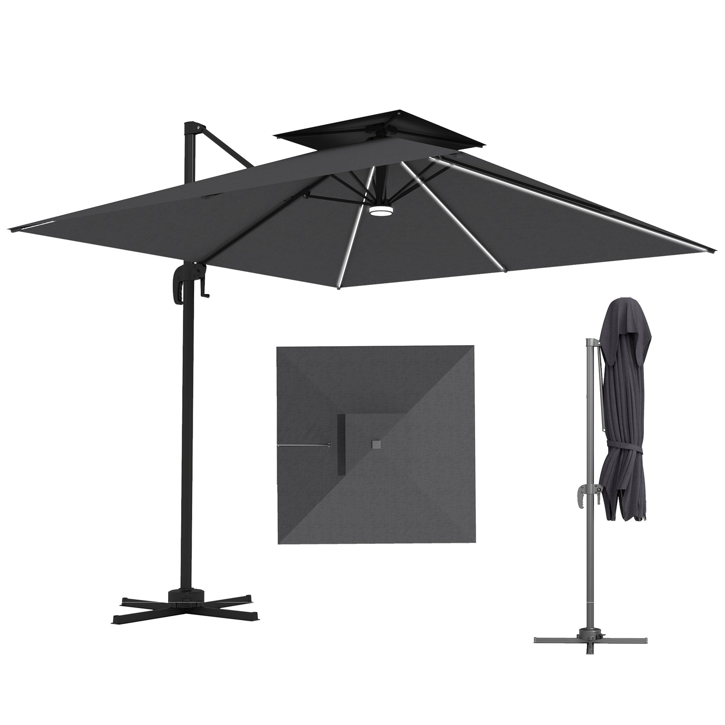 8' Cantilever Patio Umbrella with LED Lights, 360°Rotation, Tilt & Height Adjustment, Crank, Cross Base, Dark Grey