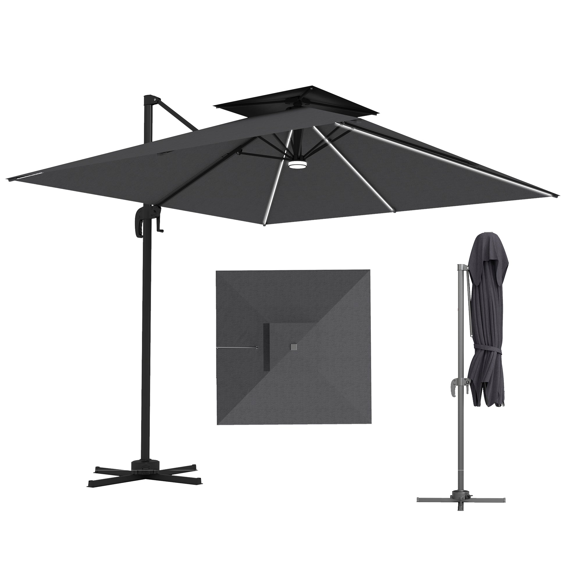 8' Cantilever Patio Umbrella with LED Lights, 360°Rotation, Tilt & Height Adjustment, Crank, Cross Base, Dark Grey