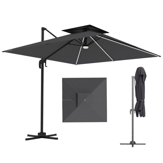 8' Cantilever Patio Umbrella with LED Lights, 360°Rotation, Tilt & Height Adjustment, Crank, Cross Base, Dark Grey