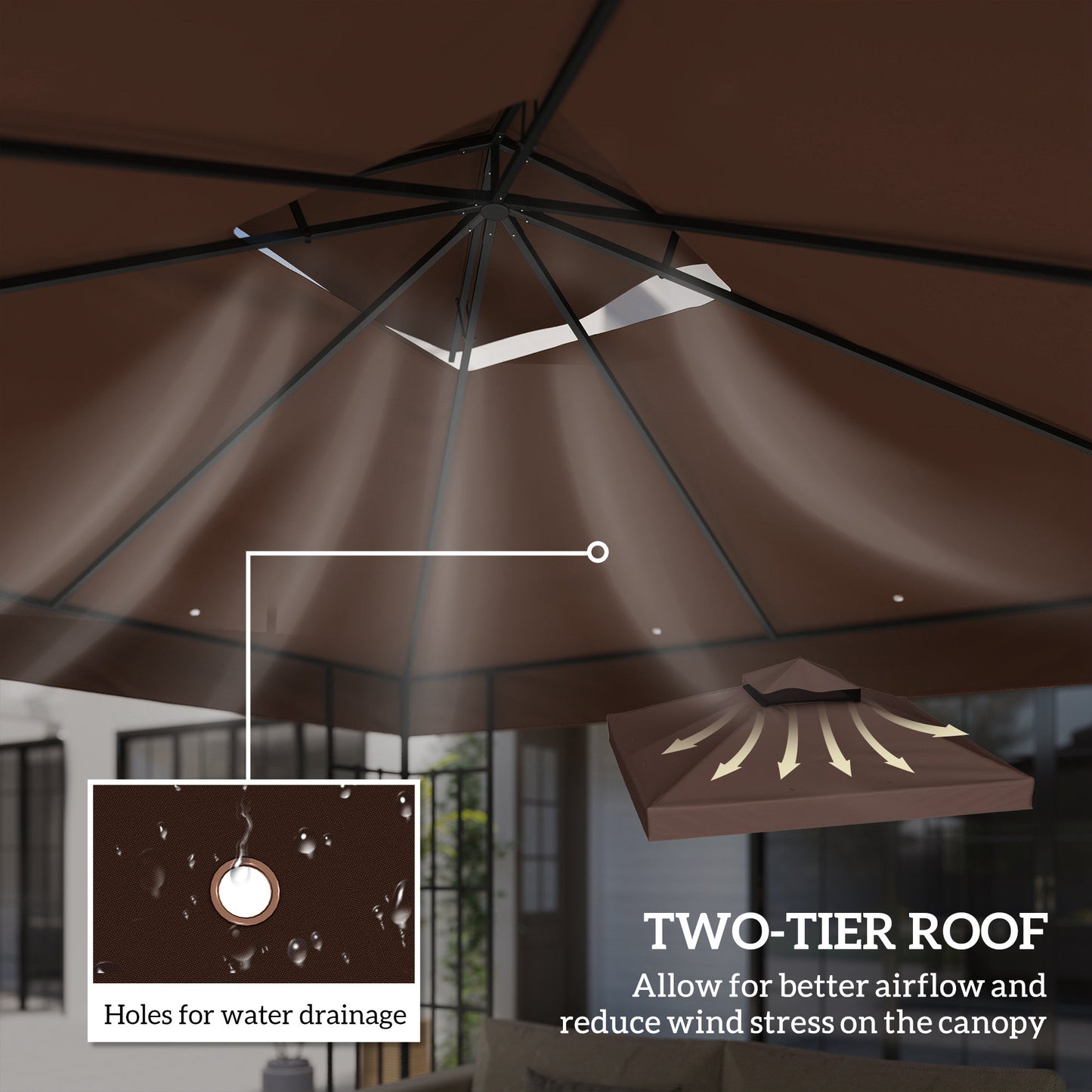 10' x 10' Gazebo Canopy Replacement Cover, 2-Tier Garden Gazebo Roof Replacement, UPF30+, TOP COVER ONLY, Coffee