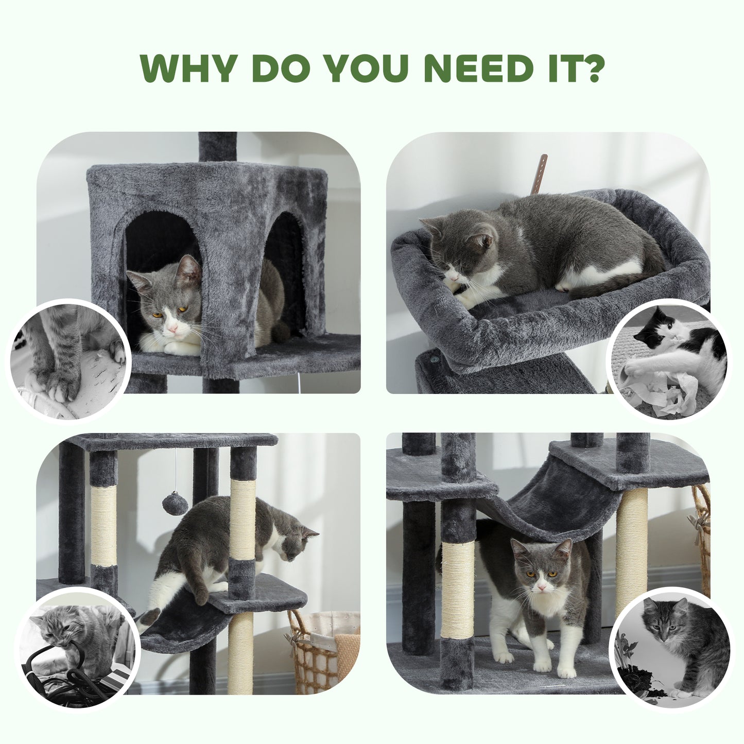 69" Cat Tree, Multi-Level Cat Tower with 2 Condos, Plush Perch and Sisal Scratching Posts, Dark Grey
