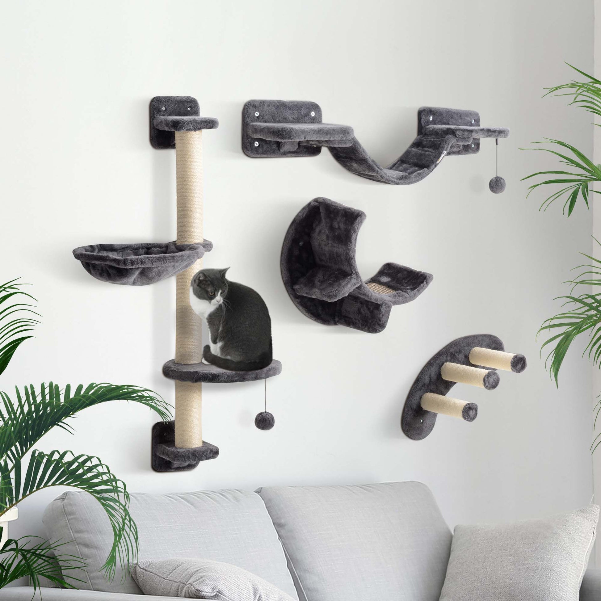 Cat Wall Shelf with Scratching Post, Play Balls, Platforms, Dark Grey