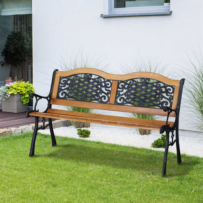 50" Outdoor Garden Bench, Park Patio Bench Loveseat, Wood & Metal Frame with Plastic Flourish Backrest, Natural Wood