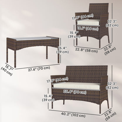 4 Pieces Wicker Outdoor Balcony Furniture Set Rattan Patio Furniture Set with Loveseat Chairs Glass Coffee Table Beige