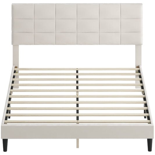 Queen Size Bed Frame with Upholstered Headboard, Modern Platform Bed Frame with Wood Slats, 1100 lbs Capacity, Cream