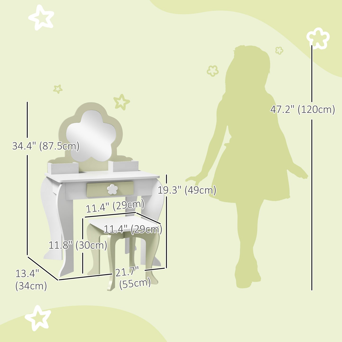 Qaba Kids Makeup Vanity Set with Stool, Mirror, Drawer, Storage Boxes, White
