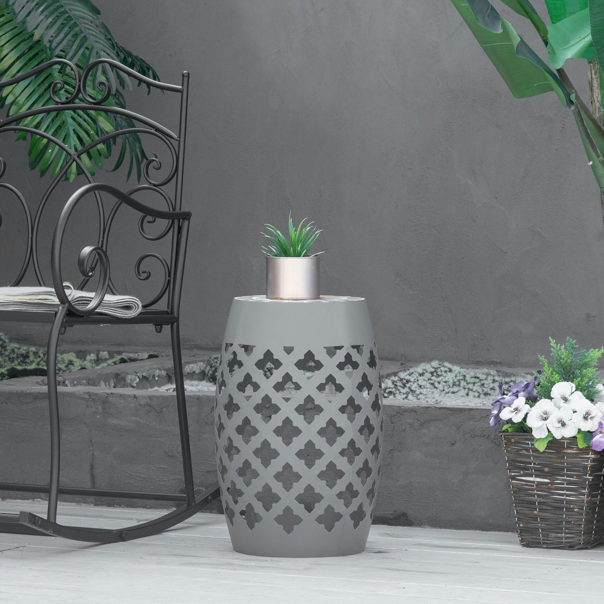 Ceramic Decorative Garden Stool, 12" Drum Outdoor Stool Side Table Plant Stand for Outdoor Indoor, Grey