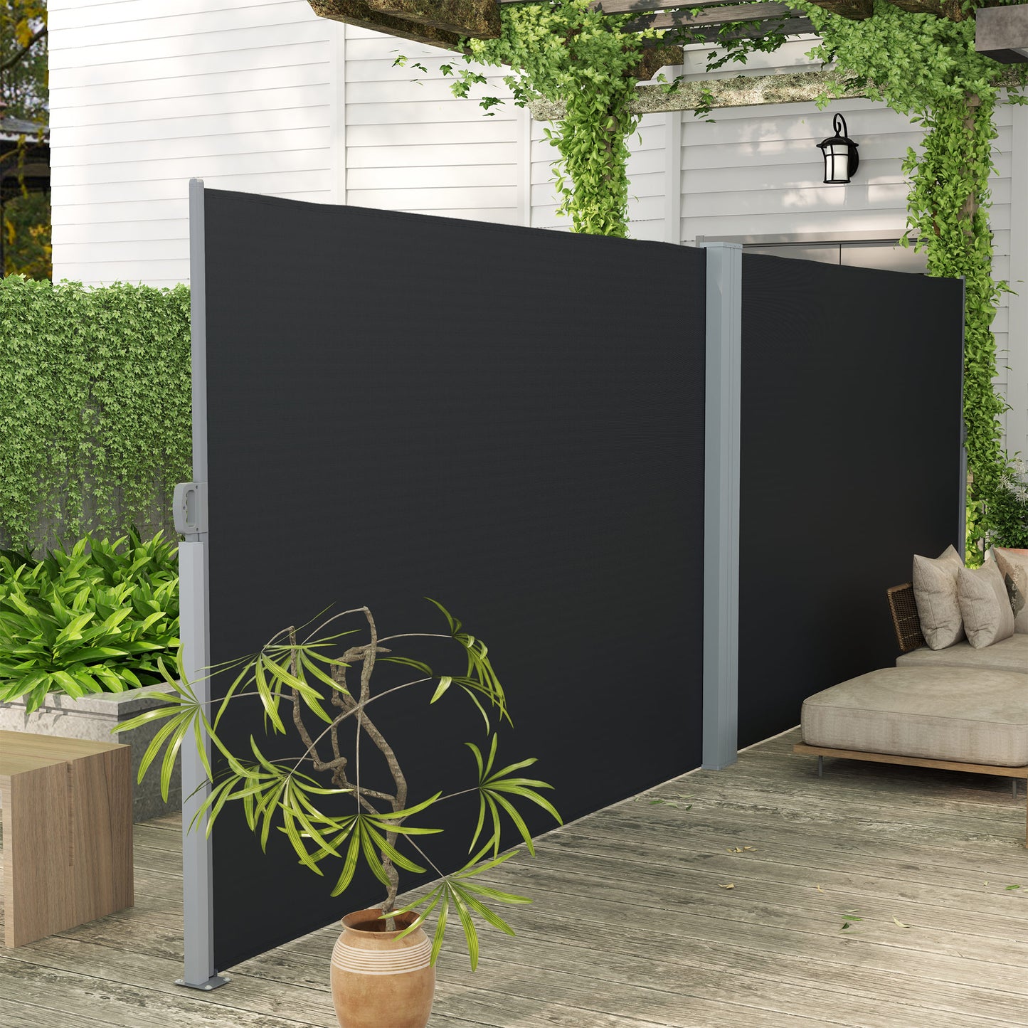 Retractable Double Side Awning, 79"x236" Patio Privacy Screen, UV Resistant, Waterproof Wind Screen, Black