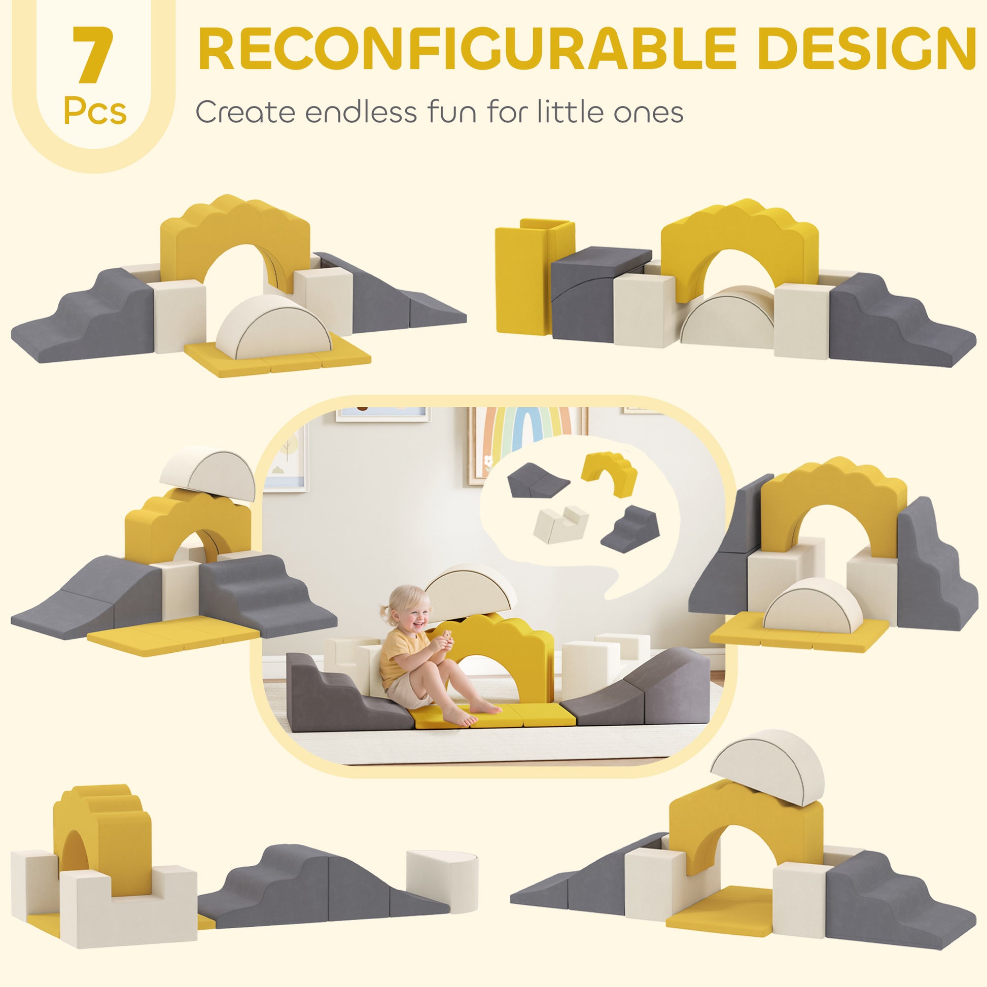 Qaba 7-Piece Baby Soft Play Set, Indoor Soft Play Gym Activity Play Set for Crawling, Sliding and Playing, Yellow