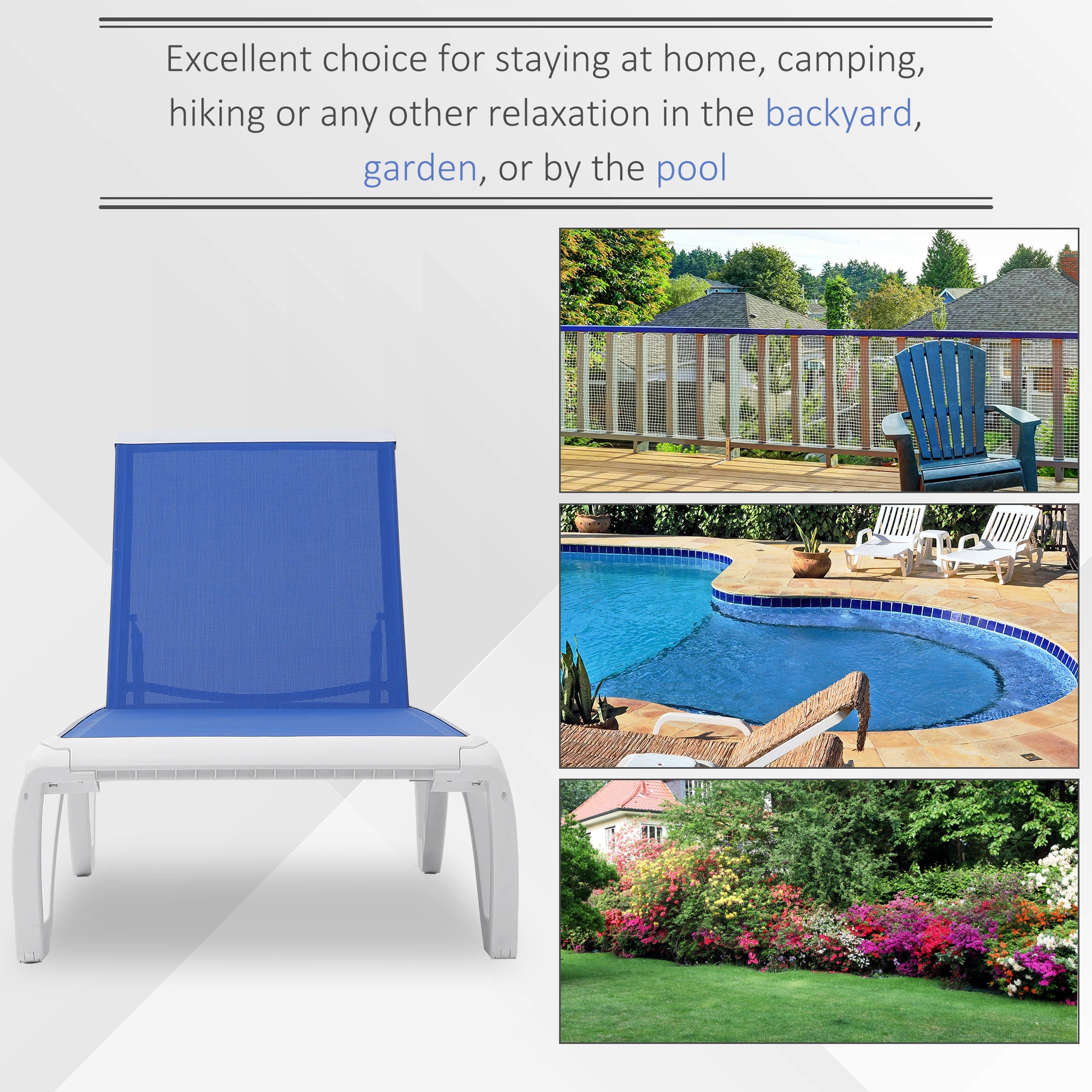 Outdoor Chaise Lounge Chair, Patio Aluminum Tanning Chair with 5-Level Adjustable Back, Portable Wheels, Breathable Mesh Fabric, for Pool, Deck, Garden, Blue
