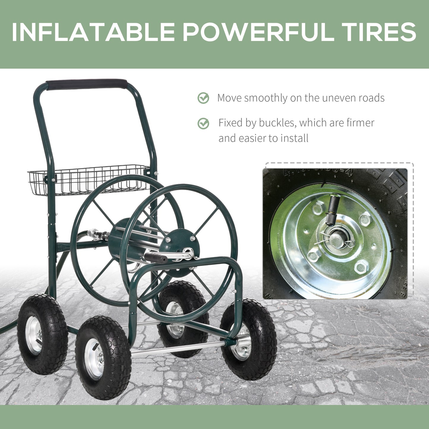 Garden Hose Reel Cart, Portable Hose Organizer with Hose Guide System, 4 Wheels & Storage Basket for Yard, Garden, Farm