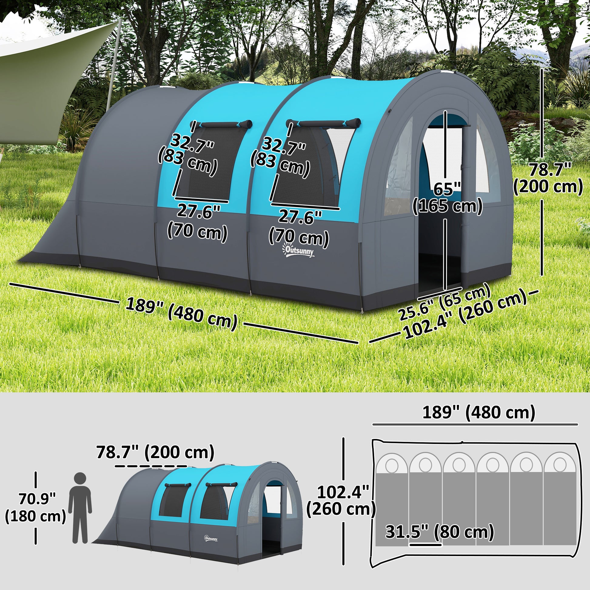 5-6 Person Camping Tent with Living Room and Bedroom, 3000mm Waterproof Tunnel Large Family Tent, Grey and Blue