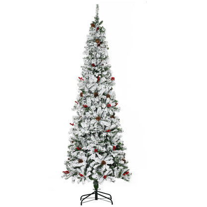 7.5 Foot Pencil Snow Flocked Artificial Christmas Tree with 950 Pine Realistic Branches, Pine Cones, Red Berries, Auto Open, Green