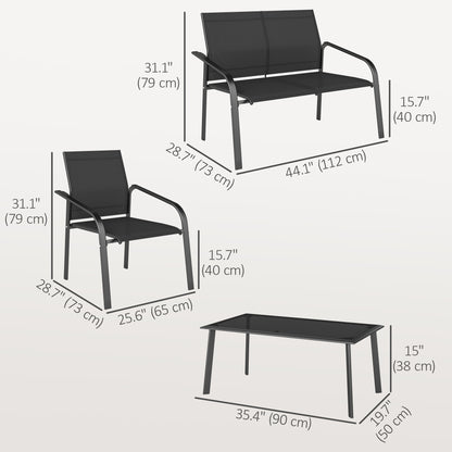 4 Piece Patio Furniture Set, Outdoor Conversation Set with Deep Seat, Loveseats, Armchairs, Glass-Top Table, Black
