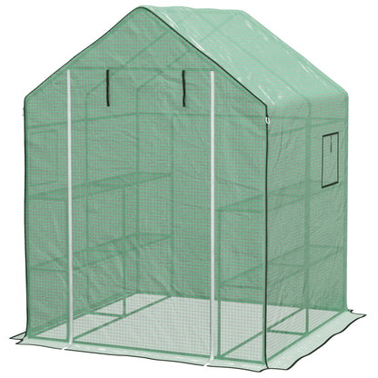 4.6' x 4.7' x 6.2' Walk-in Greenhouse with 3 Tier 8 Shelves, Outdoor Green House with Reinforced PE Cover, Garden Plant Grow Hot House Roll-up Door and Mesh Windows, Green