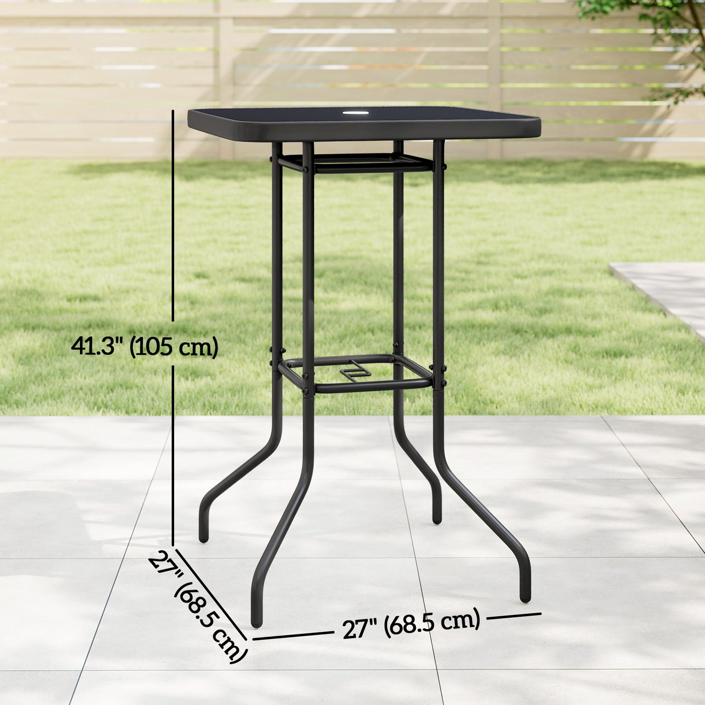 Outdoor Bar Table with Umbrella Hole, 41.3" Bar Height Patio Table with Glass Top and Metal Frame, Black