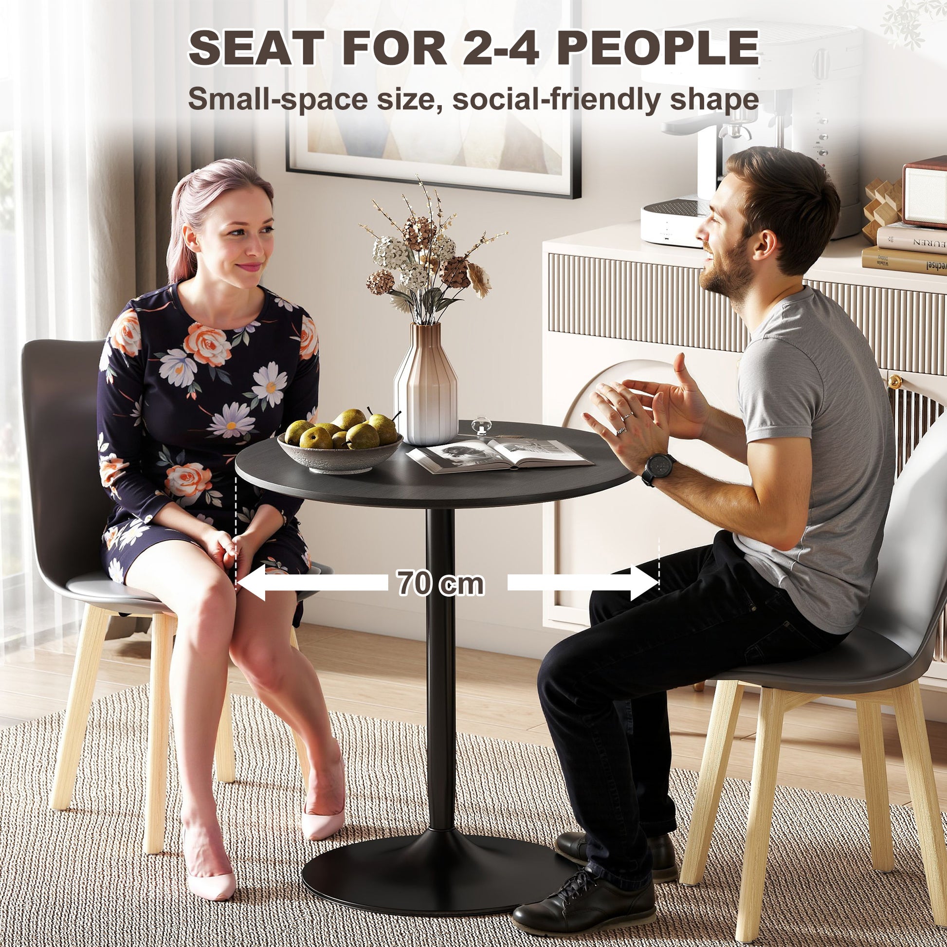 27.6" Round Kitchen Table for 2, Modern Small Dining Table with Wood Veneer, Steel Base for Dining Room, Black