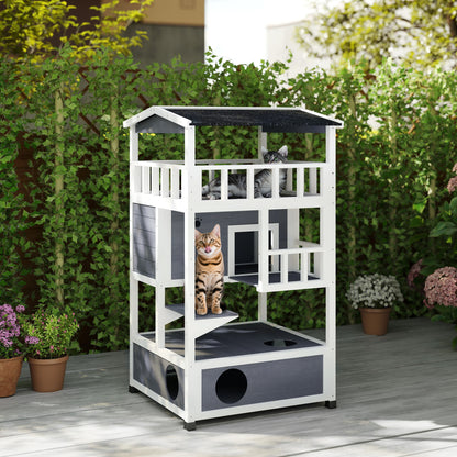 4-Floor Wood Outdoor Cat House Catio for Cats with Condo, Fun Entrances, Perch, Grey