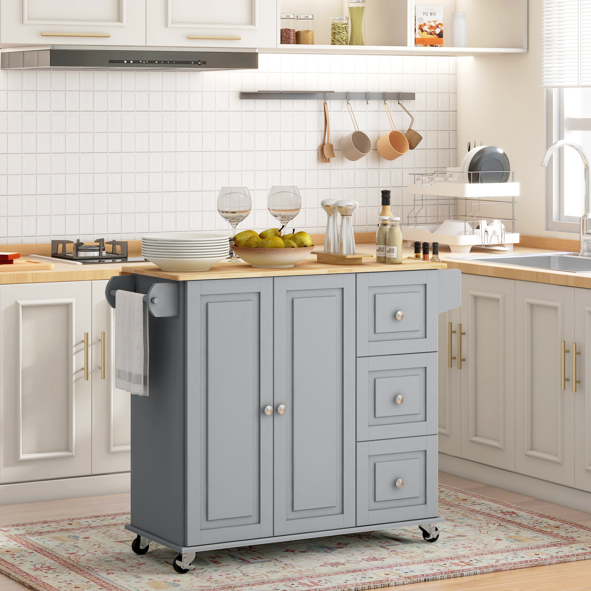Kitchen Island on Wheels, Kitchen Cart with Drop Leaf, Drawers, Grey