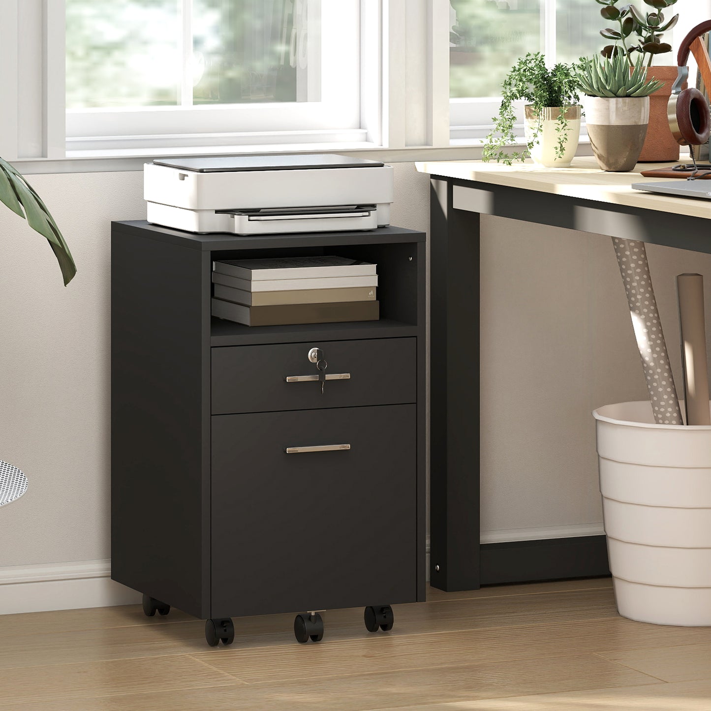 Small Filing Cabinet with 2 Drawers, Lockable Home Office Storage Cabinets on Wheels for A4, Letter Size, Black