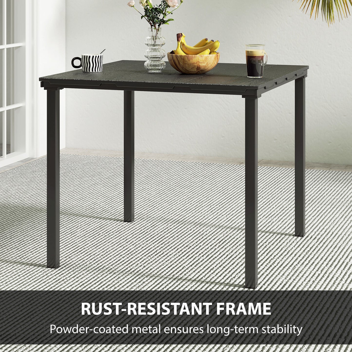 Outdoor Dining Table for 4, Square HDPE Patio Table with Metal Legs for Garden, Backyard, Balcony, Deck, Black