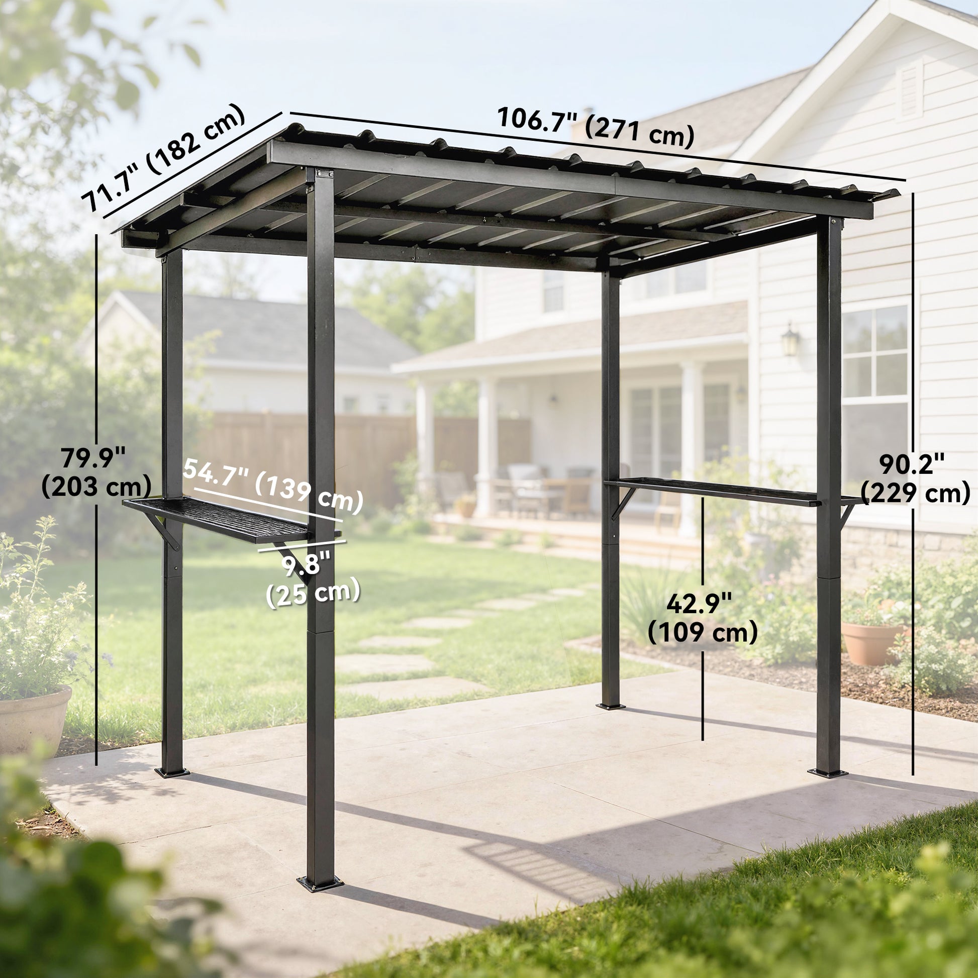 9' x 6' Hardtop Grill Gazebo, BBQ Gazebo with 2 Side Shelves and Galvanized Metal Slope Roof, Black