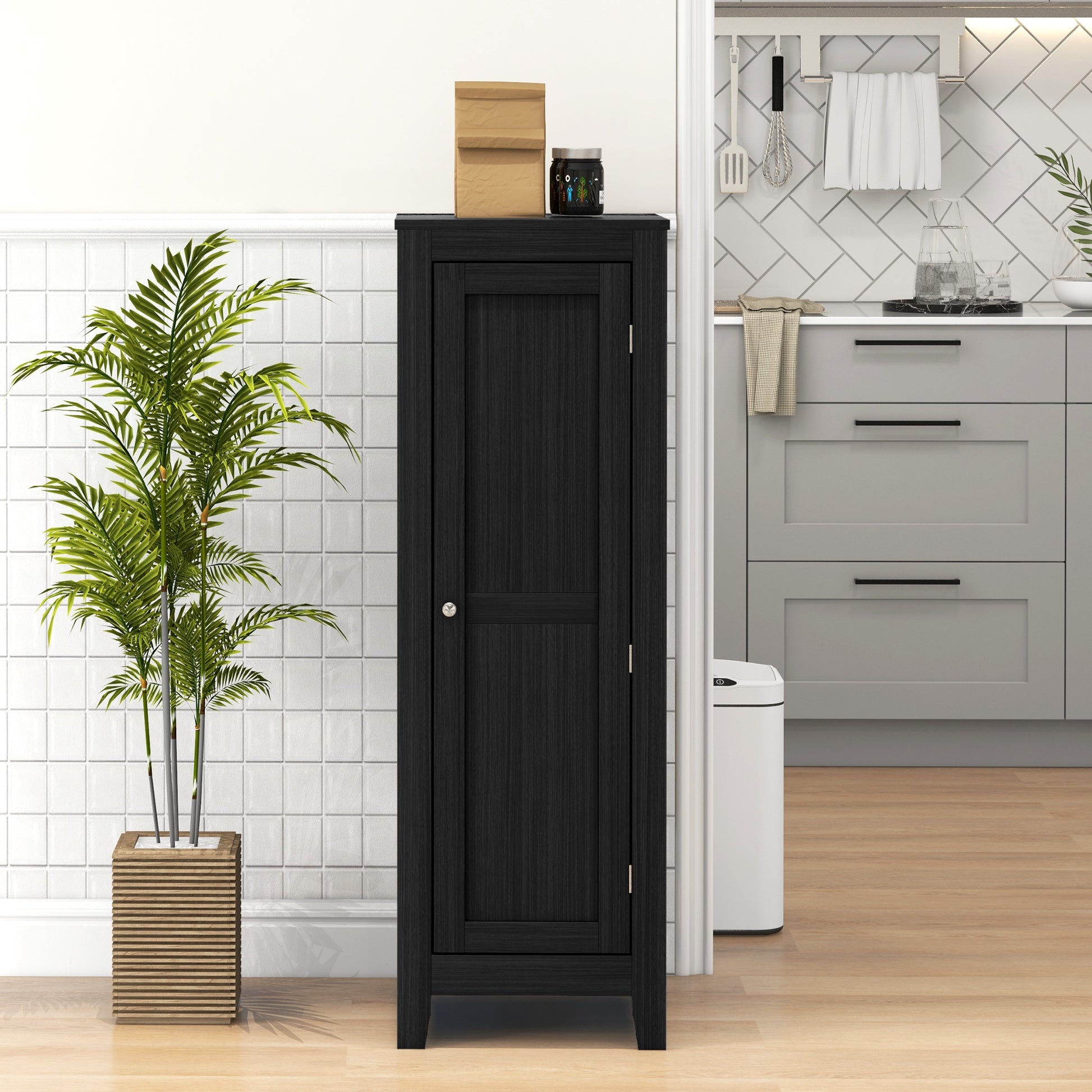 Kitchen Pantry Storage Cabinet with Adjustable Shelves, Small Storage Cabinet with Door and Shelves, Black