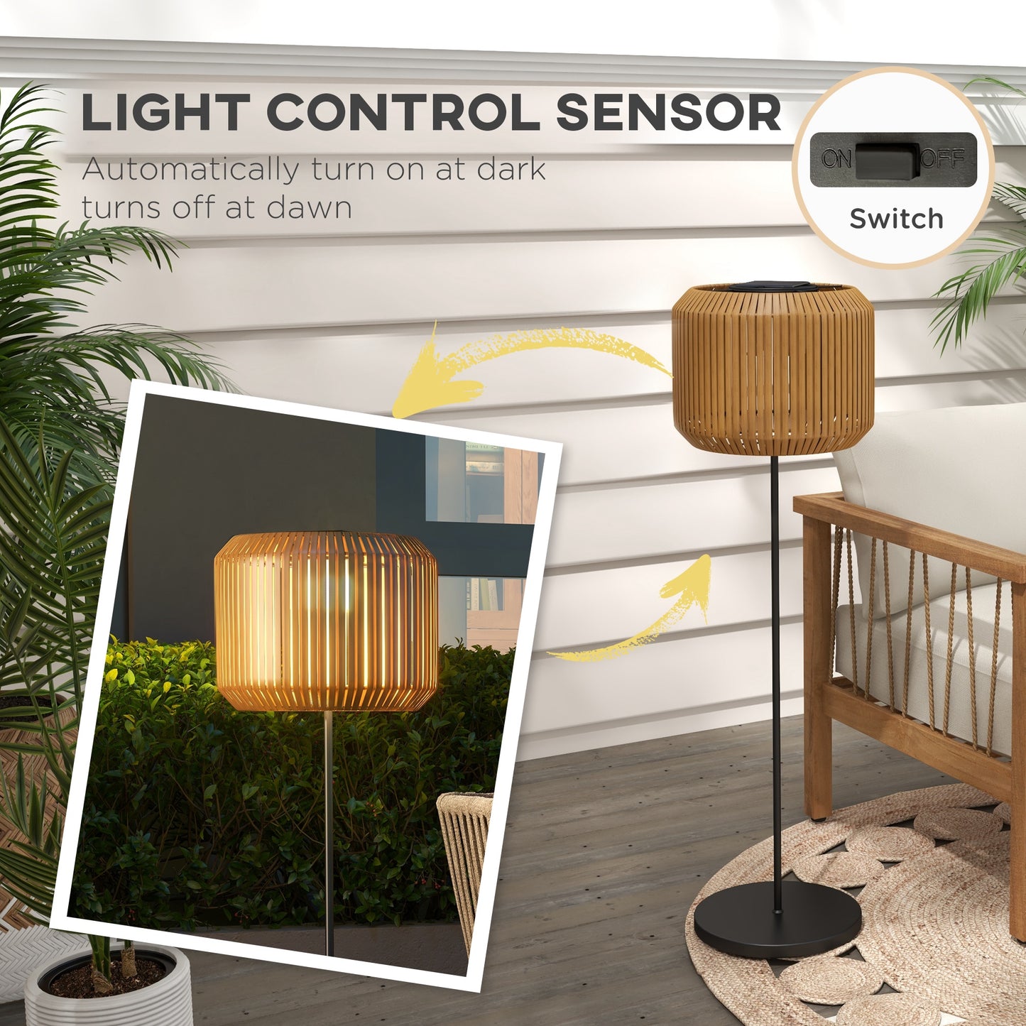Wicker Outdoor Floor Lamp, Cordless Solar Lantern with Auto On/Off LED Lights, IP44 for Patio, Porch, Pathway, Yellow