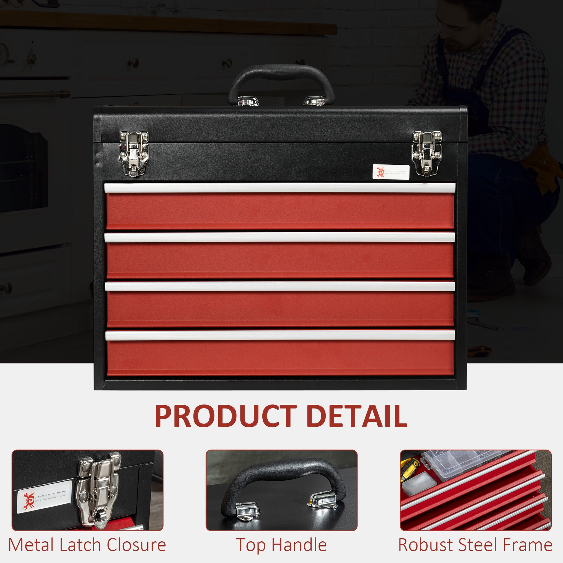 15.6" Tall Portable Metal Tool Box with Metal Latch Closure, 4 Drawer Lockable Tool Chest with Ball-bearing Slider for Garage, Household and Warehouse, Red