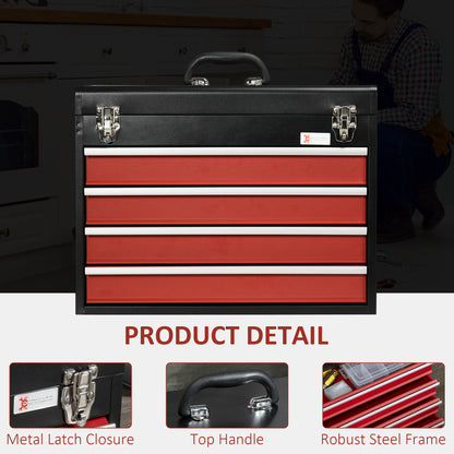 15.6" Tall Portable Metal Tool Box with Metal Latch Closure, 4 Drawer Lockable Tool Chest with Ball-bearing Slider for Garage, Household and Warehouse, Red