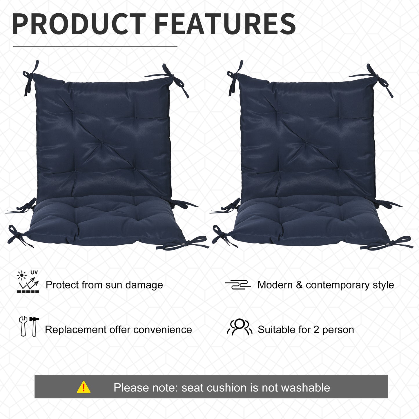 Patio Chair Cushions Set of 2, 39" x 20" x 3" Outdoor Tufted Cushion Set with Ties for Indoor Outdoor Garden Furniture, Dark Blue