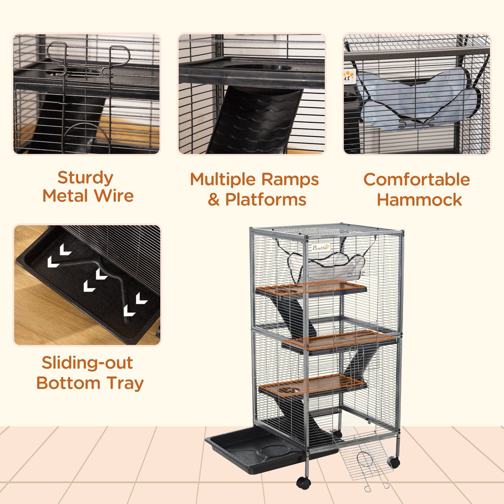 4-Tier Rolling Small Animal Cage, Deluxe Guinea Pig Cage, Ferret Cage for Mink Chinchilla Kitten Rabbit
