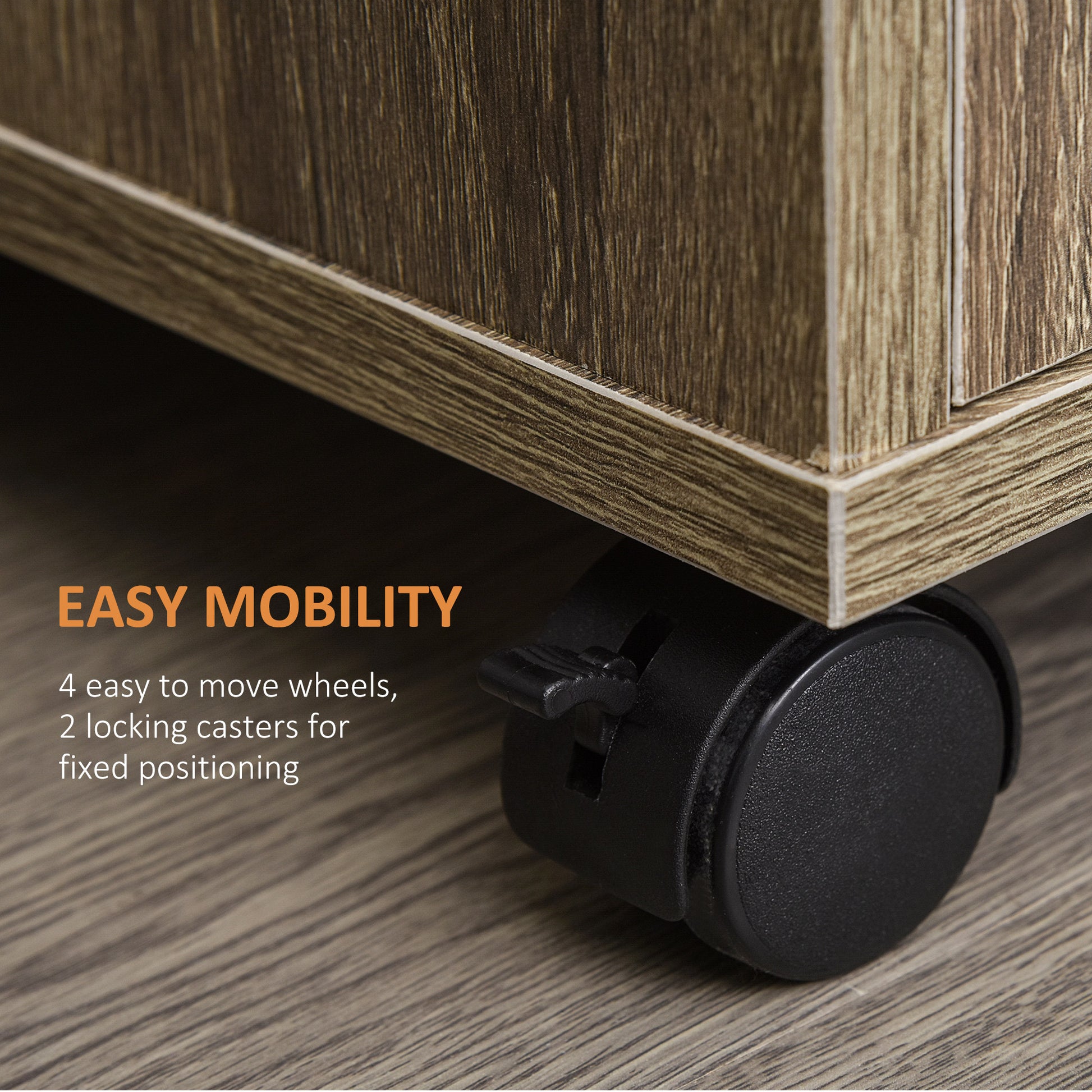 Microwave Cart on Wheels Utility Trolley Storage Sideboard Bookcase with 2-door Cabinet, Grey Wood Grain