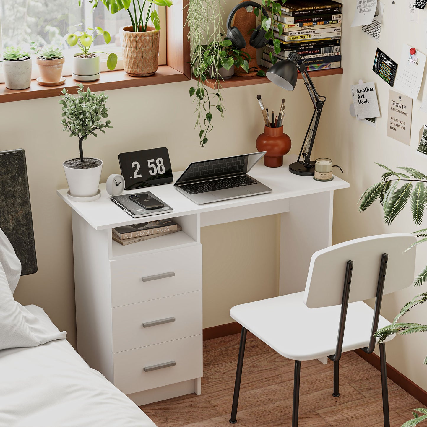 Computer Desk with Storage, 39" Home Office Desk with 3 Drawers nad Open Shelf, Writing Table for Bedroom, White