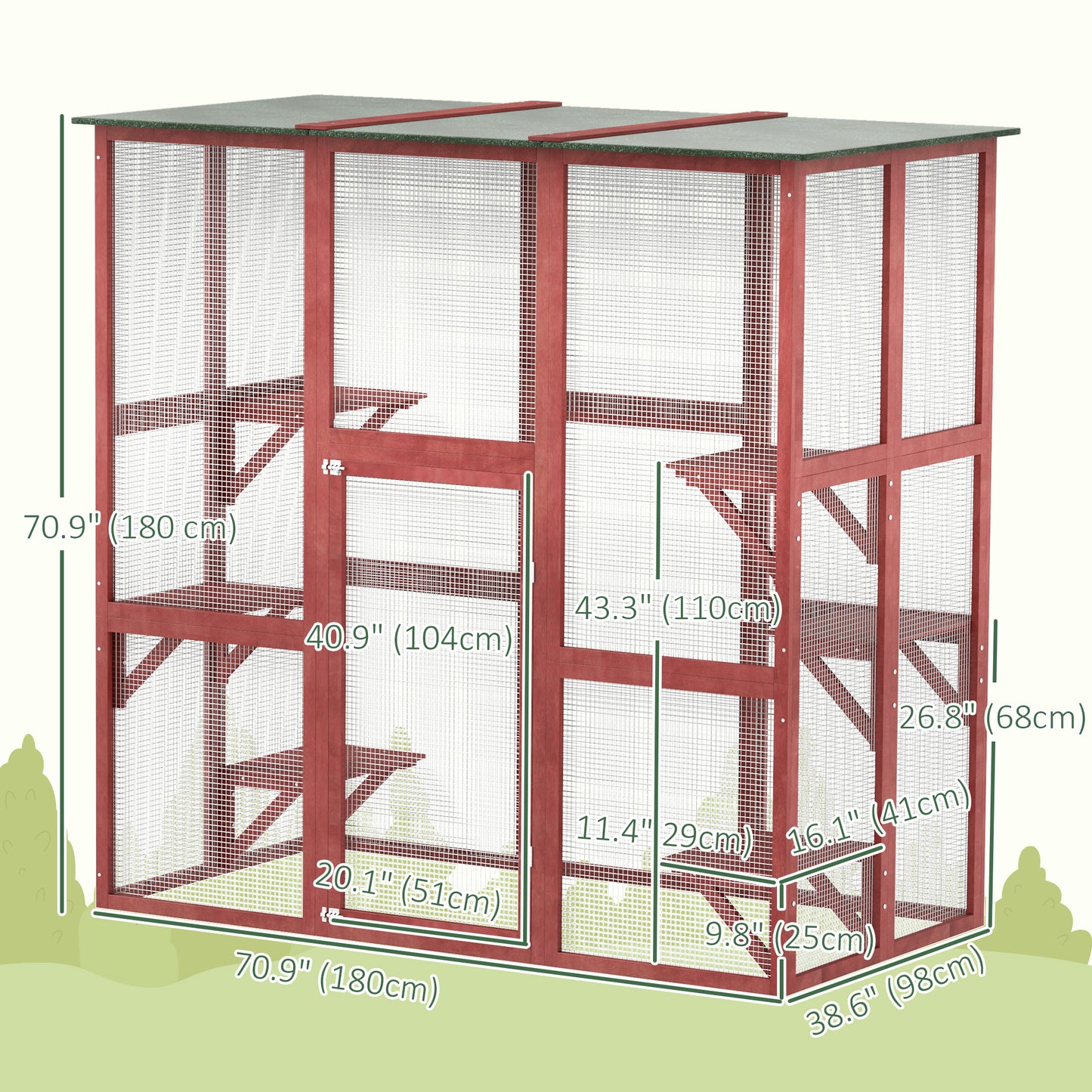 71" x 39" x 71" Cat Cage, Large Outdoor Wooden Cat Patio with 6 Balanced Platforms and Asphalt Roof, Wine Red