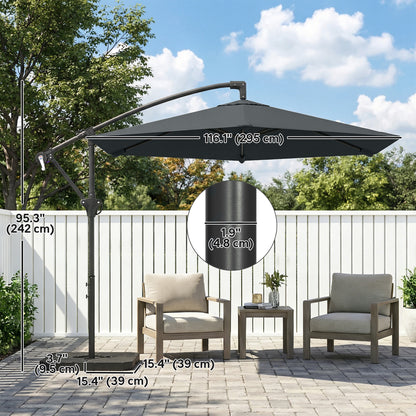 9.7 ft Offset Patio Umbrella with Water/Sand Fillable Weights, Garden Hanging Parasol with Locking Latch, Dark Grey
