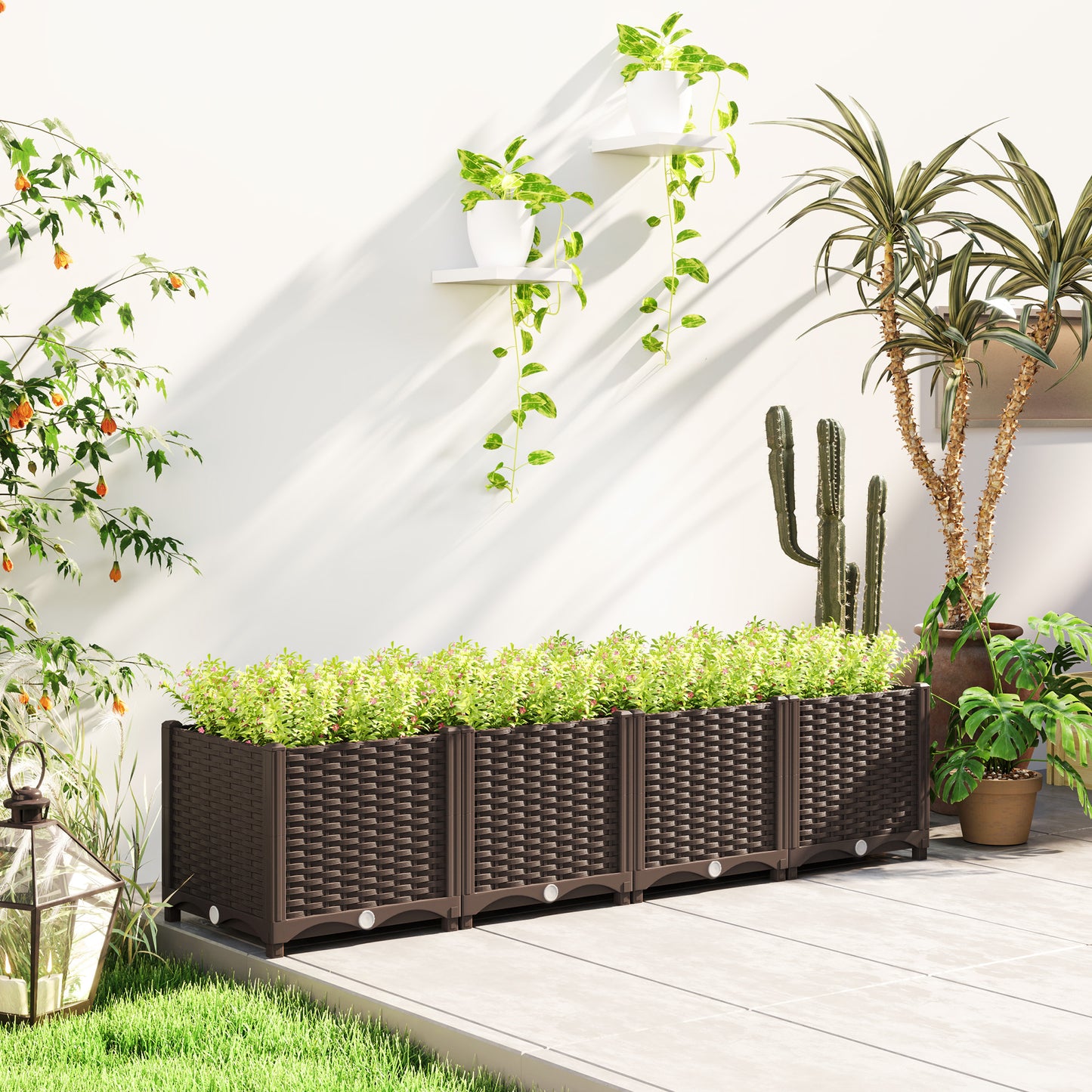 Plastic Raised Garden Bed, Outdoor Planter Box with Drainage Holes for Patio, Balcony, 63" x 15.7" x 14.6", Brown