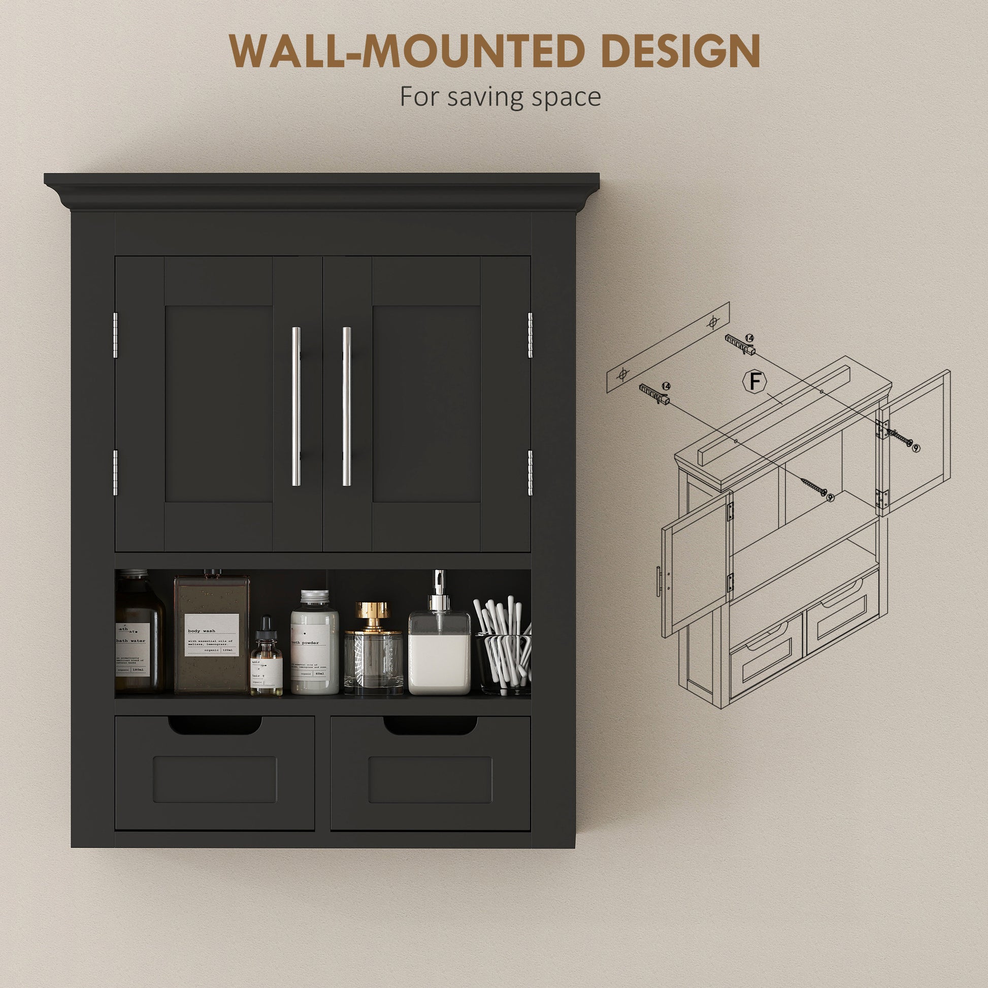 Bathroom Wall Cabinet, Medicine Cabinet, Toilet Storage Cabinet with Shelf for Living Room and Entryway, Black