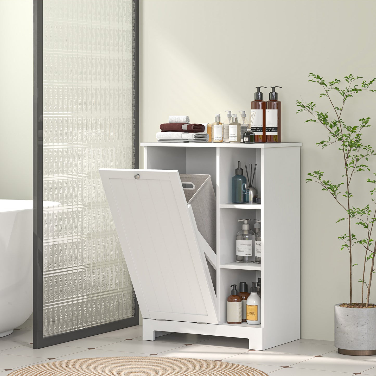 Laundry Cabinet with Removable Basket, Tilt Out Laundry Hamper with Adjustable Shelf and Open Compartments, White