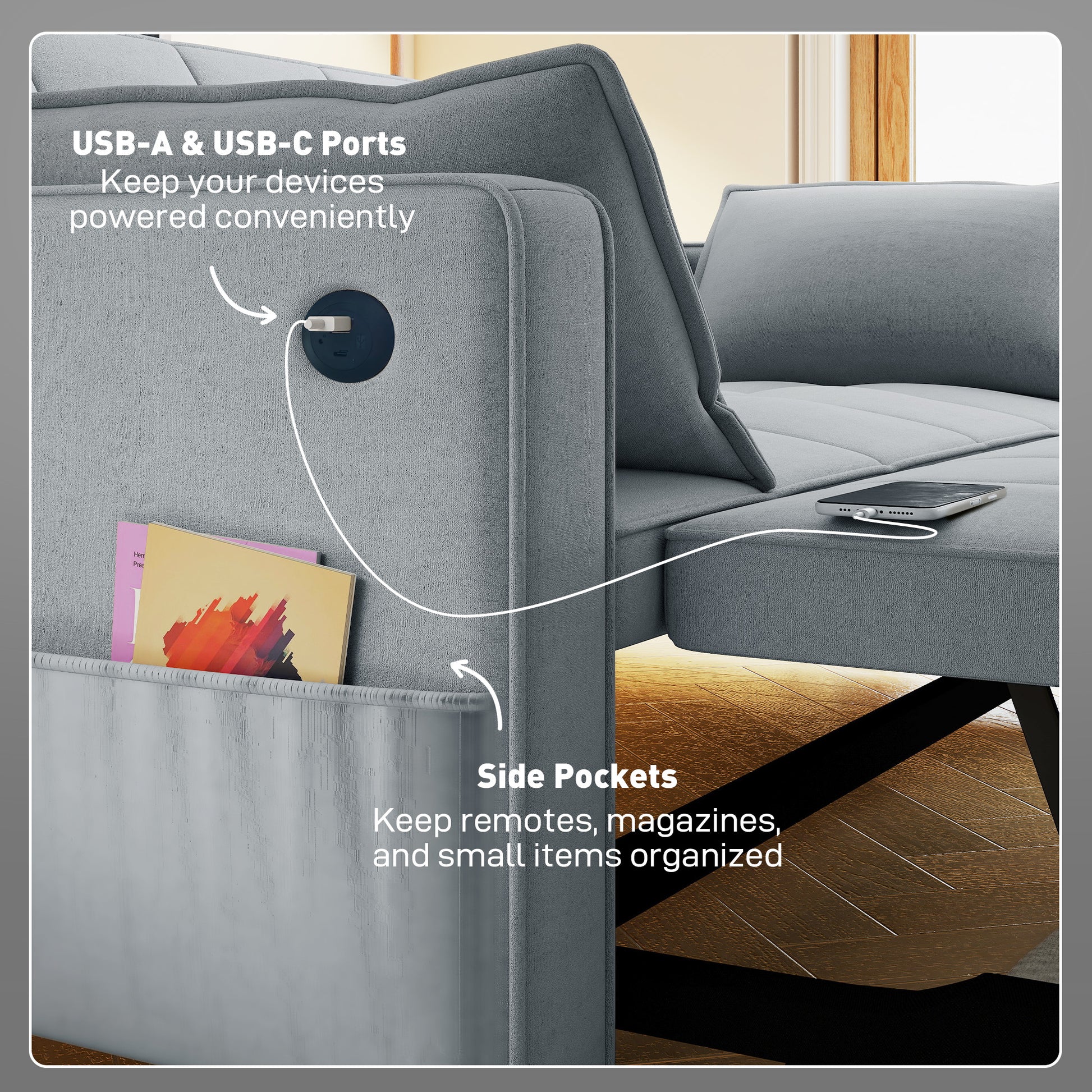 3‑in‑1 Double Sofa Bed, Pull Out Sleeper Sofa with USB Charging, Adjustable Backrest, Side Pockets, Light Grey