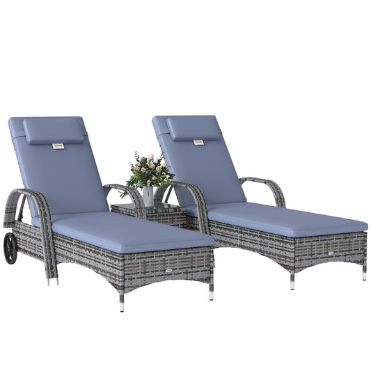 3 Pieces Wicker Patio Lounger Set with Table, PE Rattan Outdoor Lounge Chair Set with Cushions, Wheels, 5-Level Reclining Backrest, Headrest, Grey