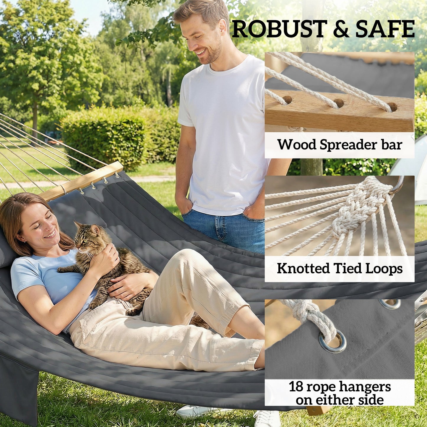 Outdoor Hammock Padded Camping Hammock with Pillow & Spreader Bars 200 x 140 cm Grey