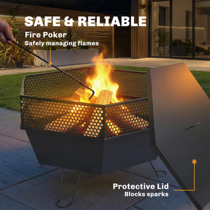 20" Fire Pit with Fire Poker, Foldable Wood Burning Firepits with Lid, Portable Firepit, Black
