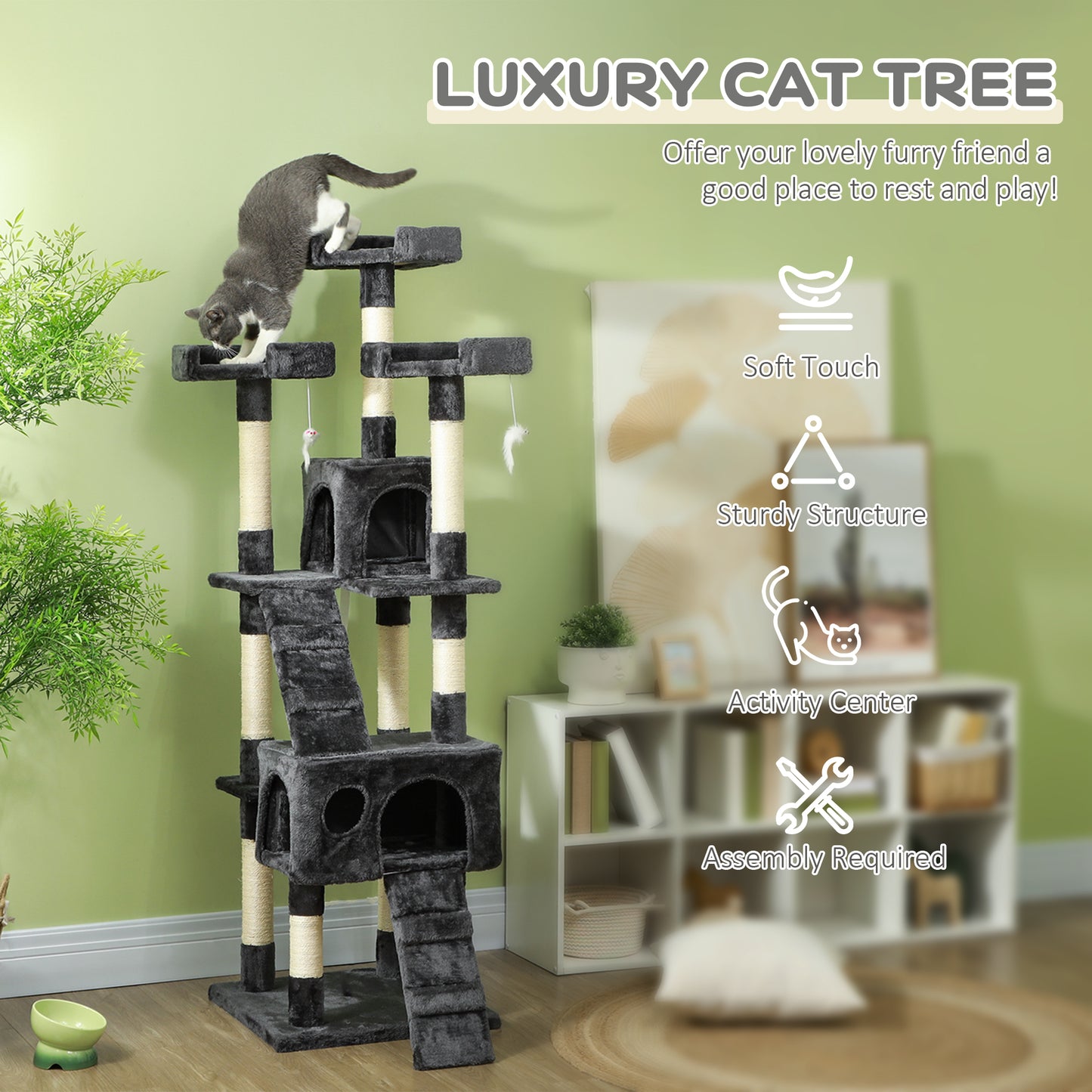 68" Multi-Level Cat Scratching Tree with 3 Perches & 2 Condos, 4 Tier Kitty Activity Center with Ladders & Dangling Toys, Grey