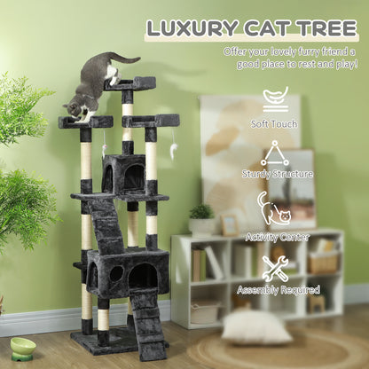 68" Multi-Level Cat Scratching Tree with 3 Perches & 2 Condos, 4 Tier Kitty Activity Center with Ladders & Dangling Toys, Grey