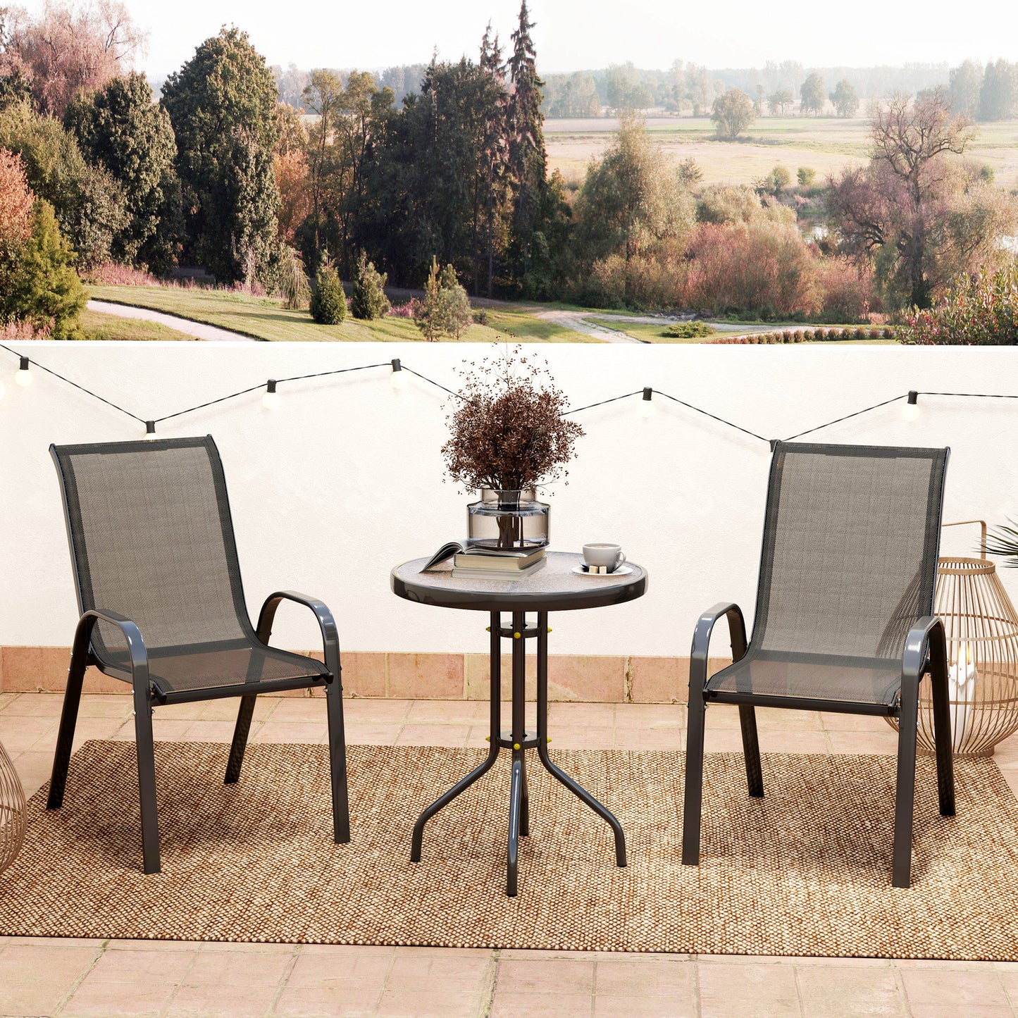 3 Pieces Bistro Set, Small Patio Furniture Set with Stackable Mesh Chairs, Glass Table for Garden, Balcony, Black