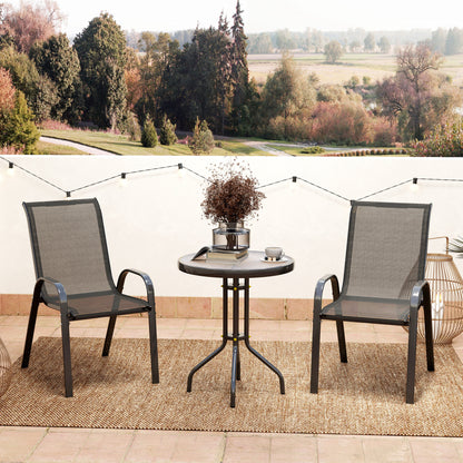 3 Pieces Bistro Set, Small Patio Furniture Set with Stackable Mesh Chairs, Glass Table for Garden, Balcony, Black