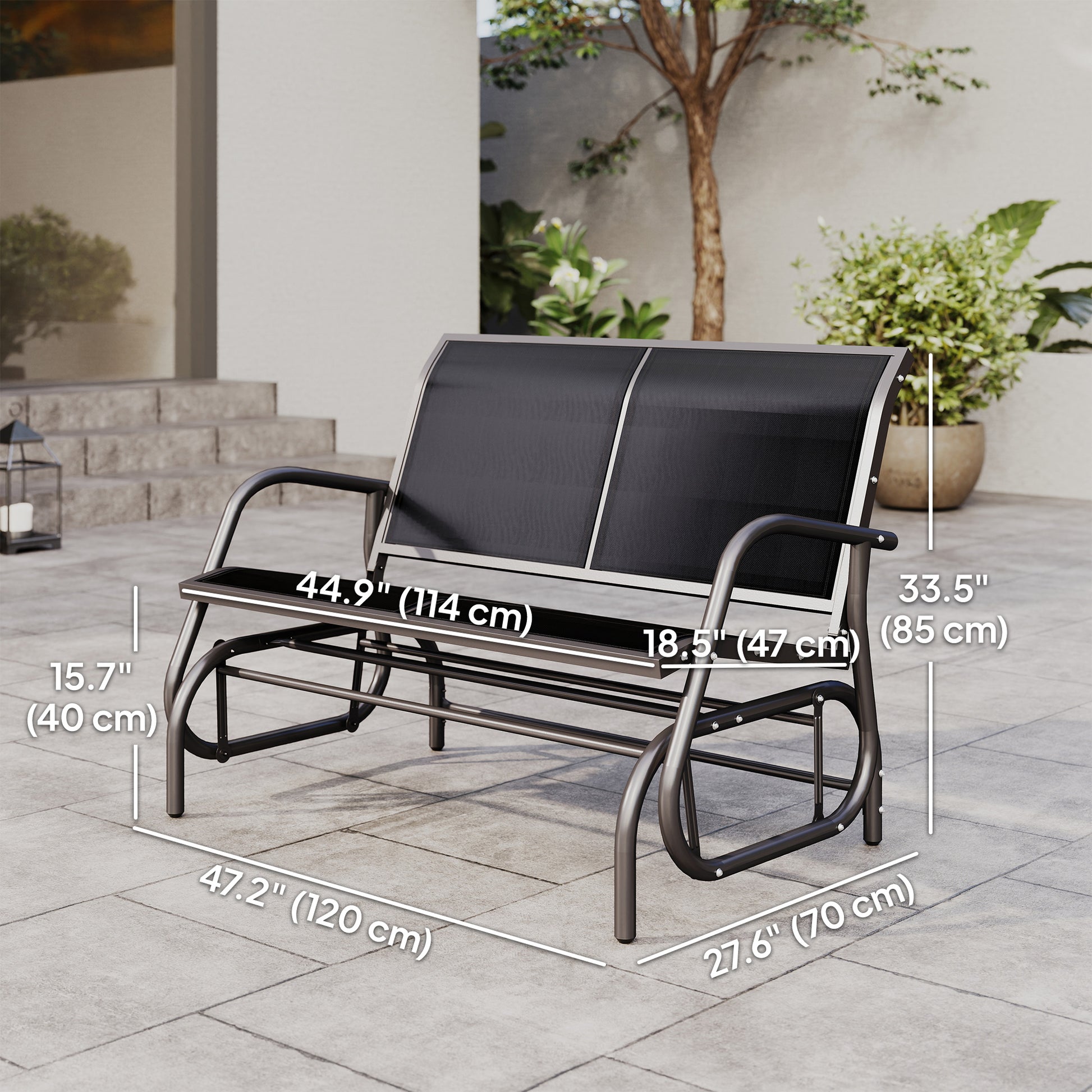 Patio Double Glider Bench Swing Chair Rocker Heavy-Duty Loveseat Outdoor Garden Rocking Bench Steel Frame Sling Fabric Seat Black