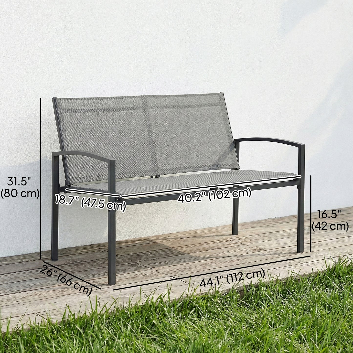 Outdoor Garden Bench, 44 in Metal Patio Garden Park Bench with Breathable Mesh Fabric, 484 lb Load Capacity, Grey