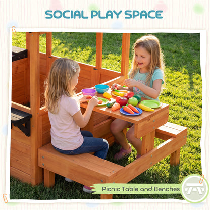 Qaba Wooden Playhouse Playhouse for Kids with Table, Benches, Sink Table, Windows, Flowerpot Holders, for Ages 3-8, Brown